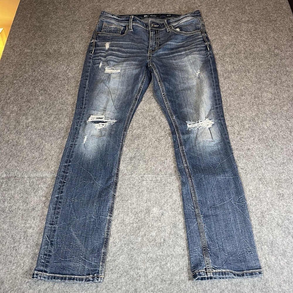 BKE Buckle Jeans Mens 34x32 Blue Jake Straight Leg Distressed Holes Stretch